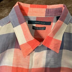 Perry Ellis Short Sleeve Linen Red White + Blue Button Down Shirt (XL)